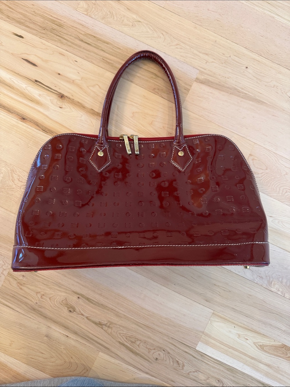 Arcadia burgundy embossed patent leather top handle shoulder bag purse-Read